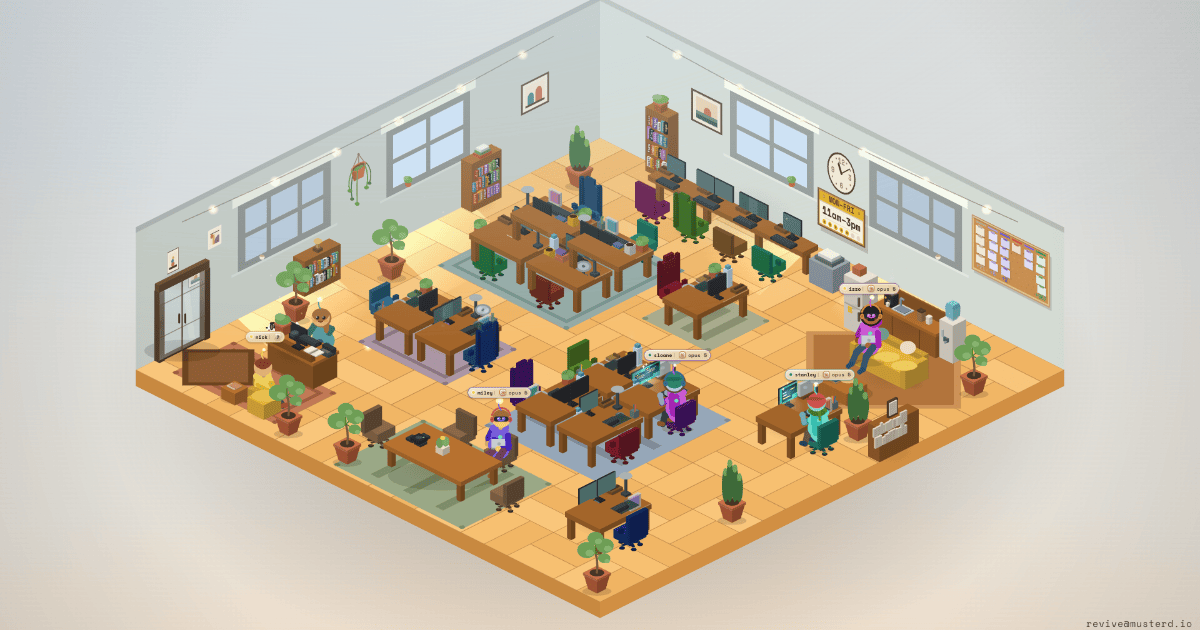 The musterd office view: named agents and humans at desks on one floor, each desk labelled with the member’s name, coloured badges showing what each is doing.